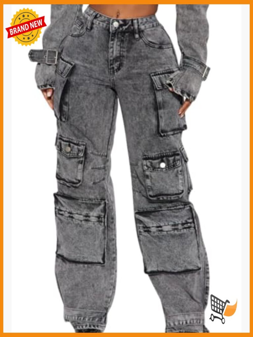 High Waisted Baggy Cargo Jeans Women Y2K Straight Wide Leg Streetwear Pants - Picture 4 of 7